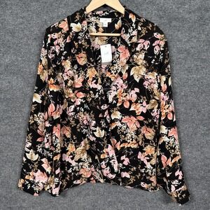 New J.Jill Womens Size XL Faux‎ Wrap Shirt Blouse Black Floral Long Sleeves